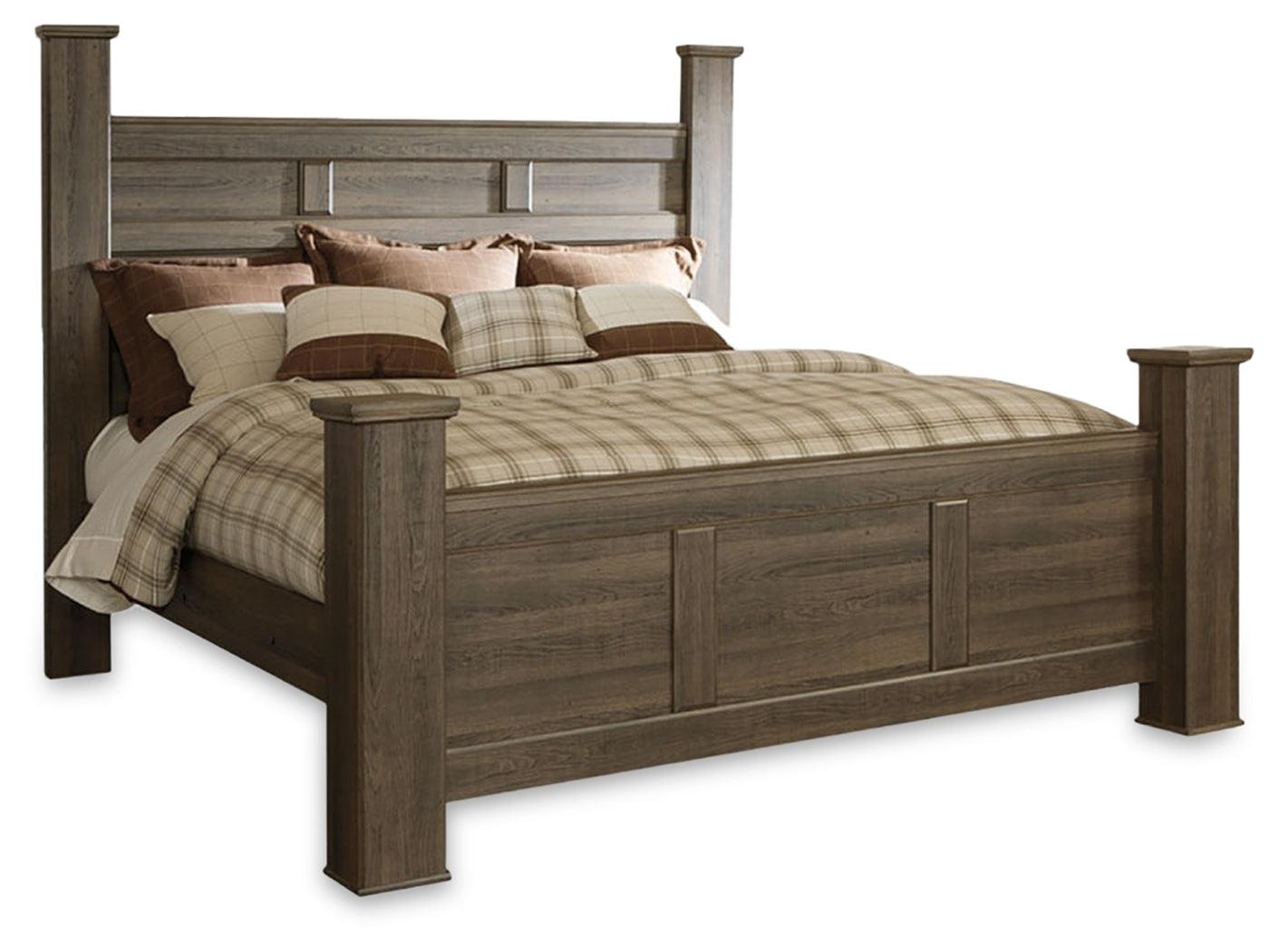 Juararo California King Poster Bed, Dresser and 2 Nightstands, Dark Brown