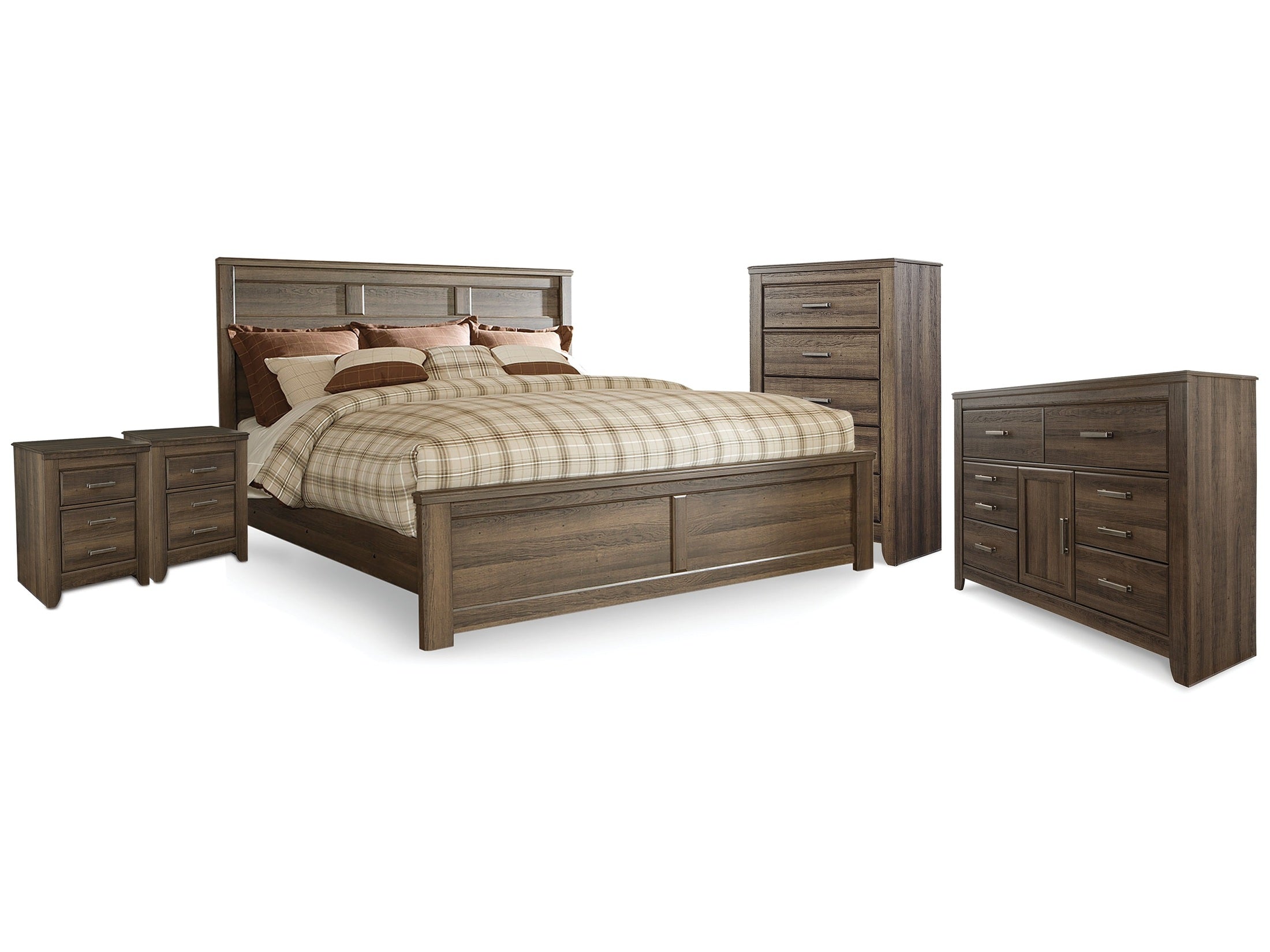 Juararo King Panel Bed, Dresser, Chest and 2 Nightstands, Dark Brown