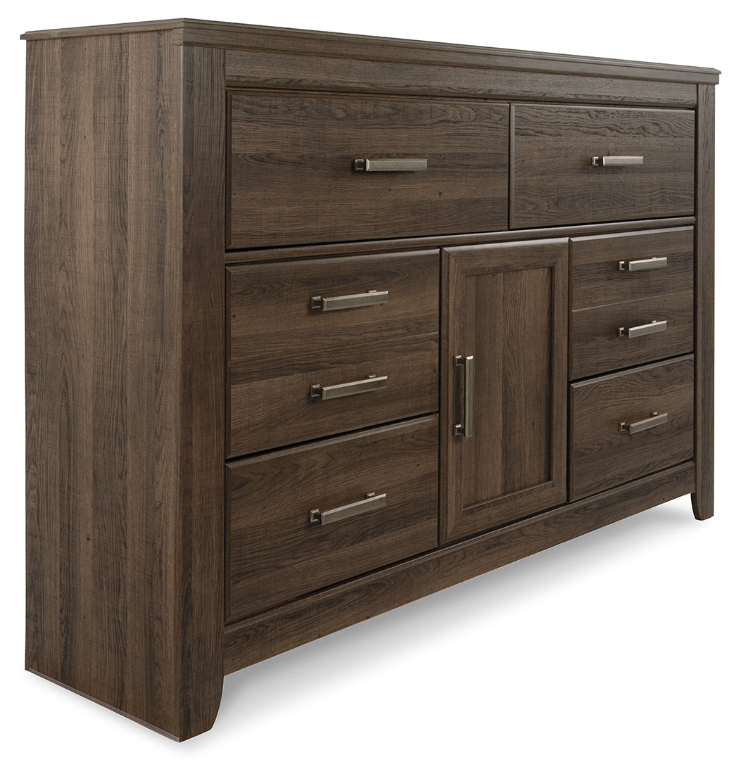 Juararo King Panel Bed, Dresser, Chest and 2 Nightstands, Dark Brown