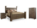 Juararo Dark Brown King Poster Bed, Chest and Nightstand