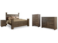 Juararo King Poster Bed, Dresser, Chest and Nightstand, Dark Brown