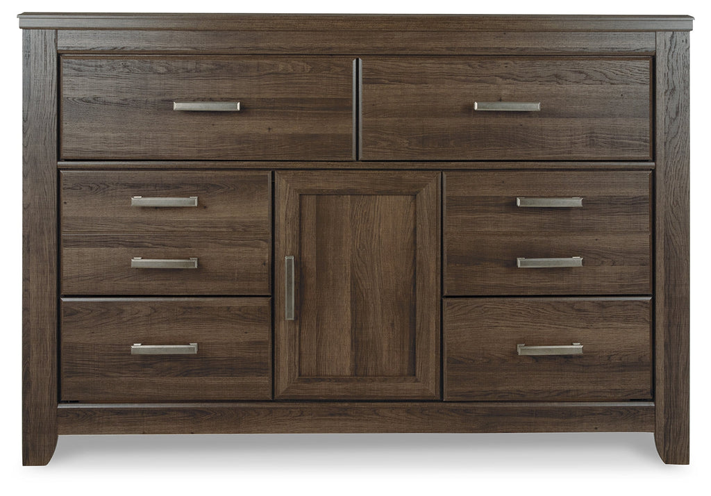 Juararo King Poster Bed, Dresser, Chest and Nightstand, Dark Brown