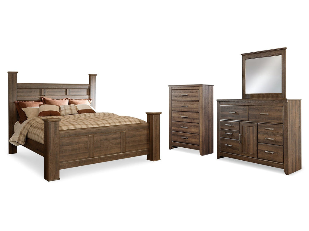 Juararo King Poster Bed, Dresser, Mirror and Chest, Dark Brown