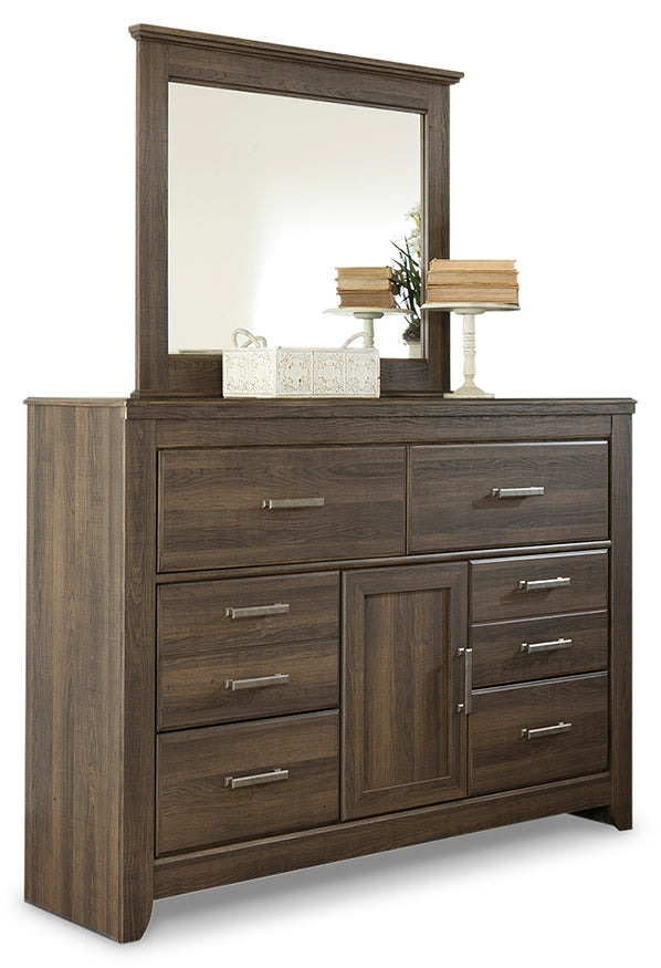 Juararo King Poster Bed, Dresser, Mirror and Chest, Dark Brown
