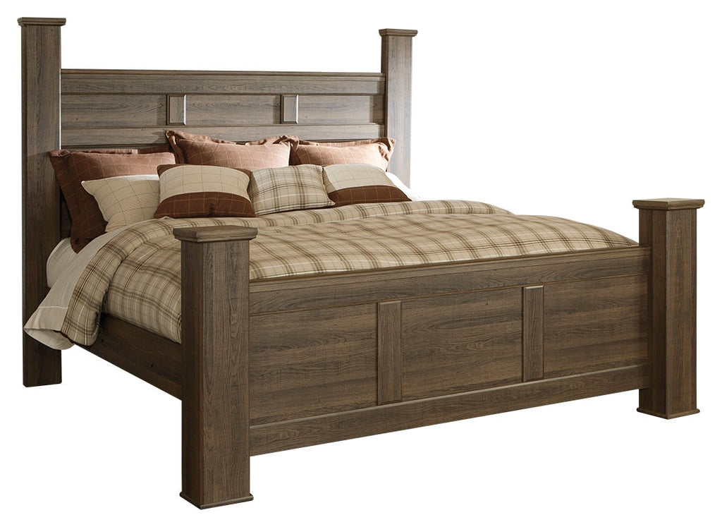 Juararo King Poster Bed, Dresser, Mirror and Chest, Dark Brown