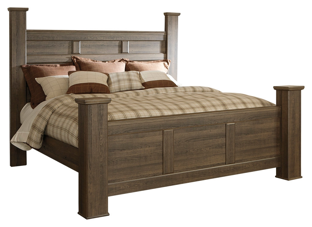 Juararo King Poster Bed, Dresser, Mirror and Chest, Dark Brown