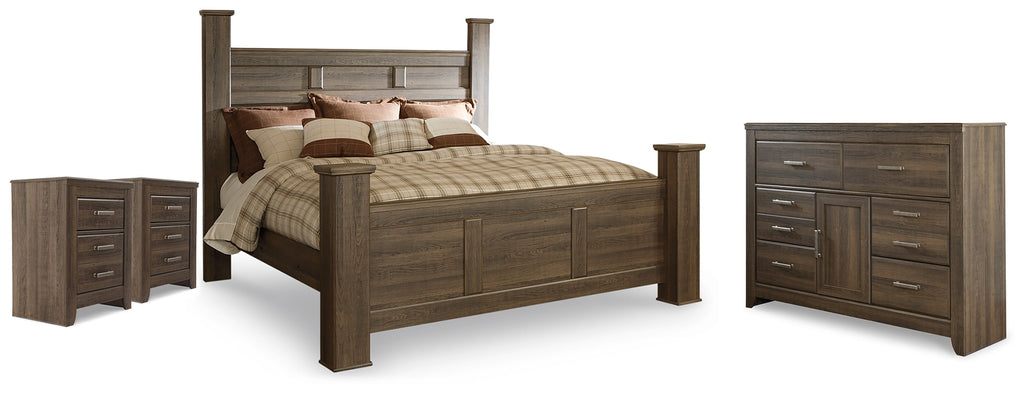 Juararo Dark Brown King Poster Bed, Dresser and 2 Nightstands