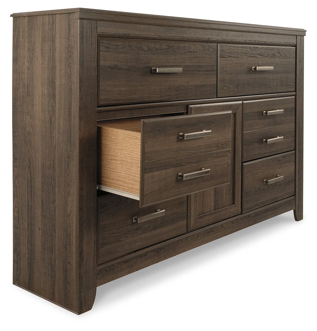Juararo Dark Brown King Poster Bed, Dresser and 2 Nightstands