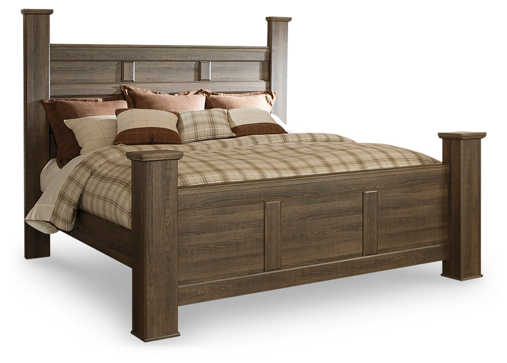 Juararo Dark Brown King Poster Bed, Dresser and 2 Nightstands