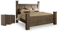Juararo Dark Brown King Poster Bed and 2 Nightstands