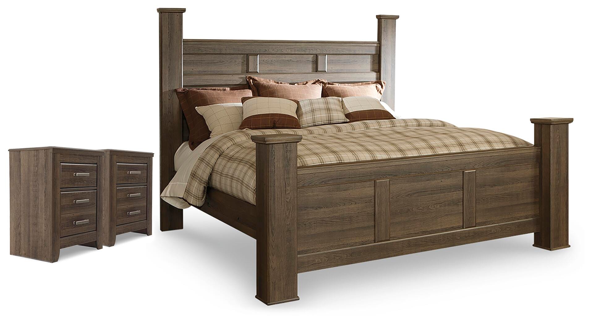 Juararo Dark Brown King Poster Bed and 2 Nightstands
