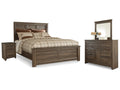 Juararo Queen Panel Bed, Dresser, Mirror and Nightstand, Dark Brown