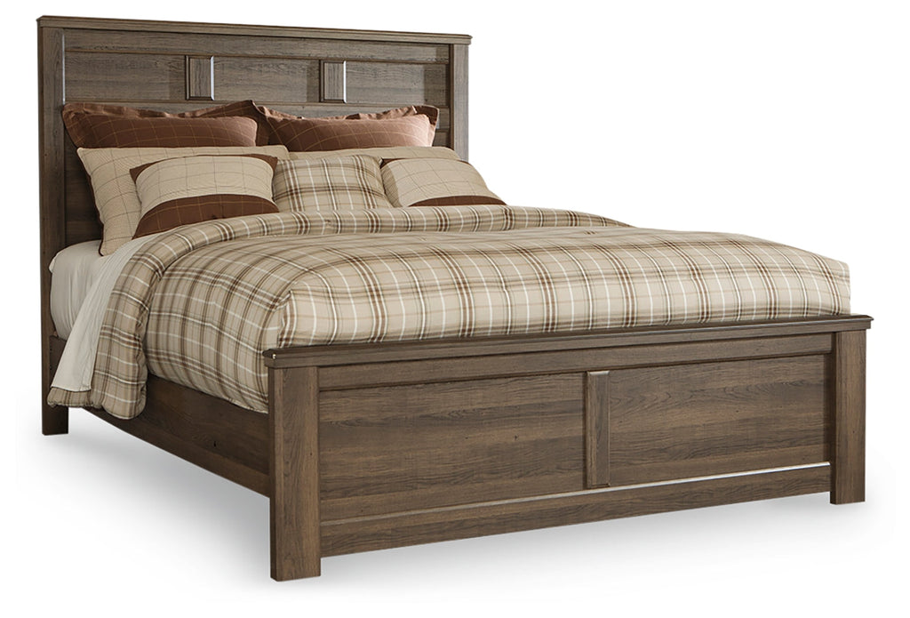 Juararo Queen Panel Bed, Dresser, Mirror and Nightstand, Dark Brown