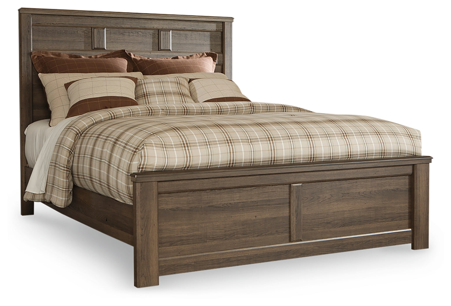 Juararo Queen Panel Bed, Dresser, Mirror and Nightstand, Dark Brown