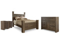 Juararo Dark Brown Queen Poster Bed, Dresser and 2 Nightstands