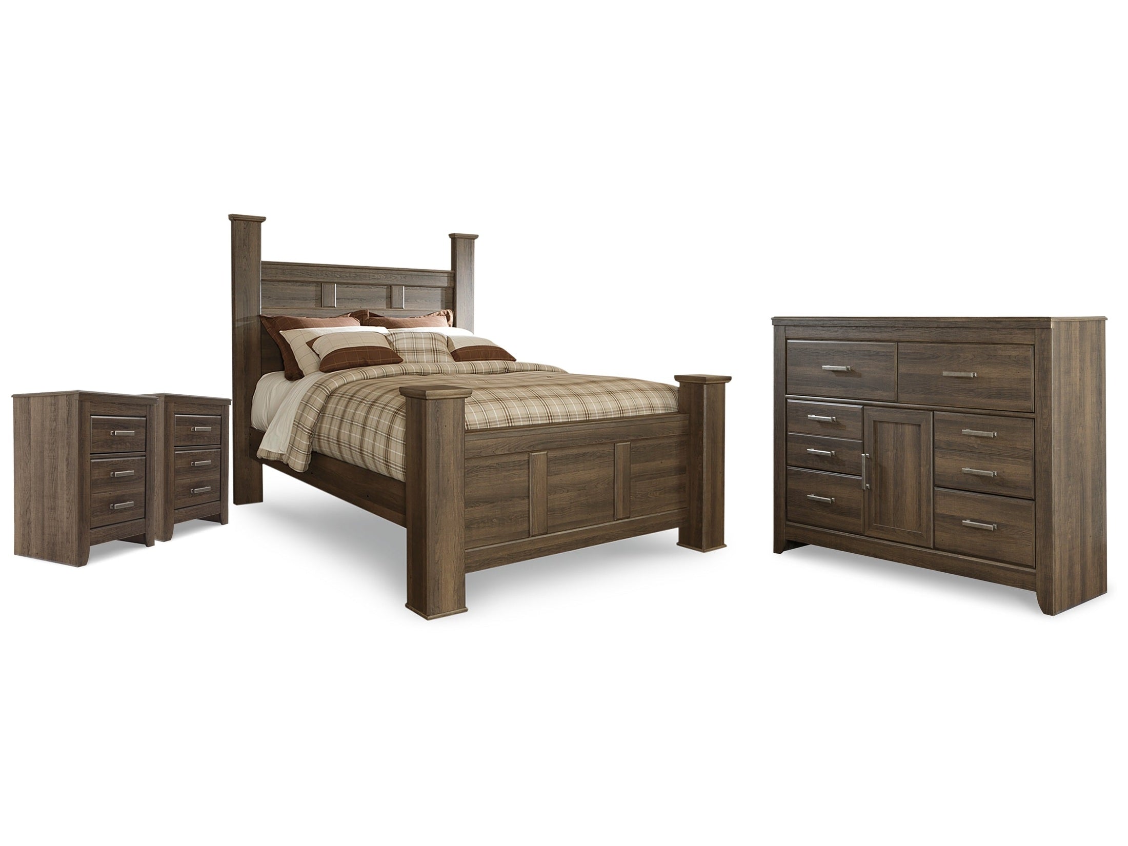 Juararo Dark Brown Queen Poster Bed, Dresser and 2 Nightstands