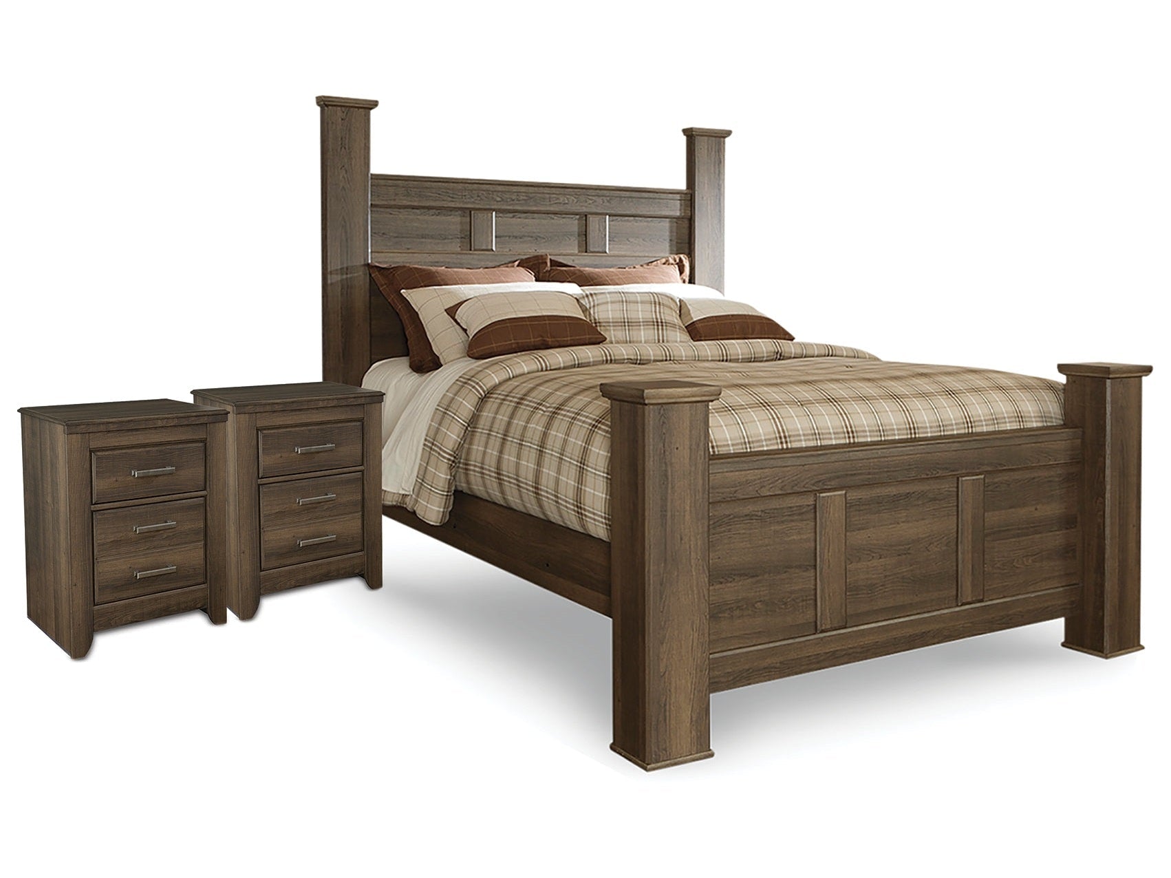 Juararo Dark Brown Queen Poster Bed and 2 Nightstands