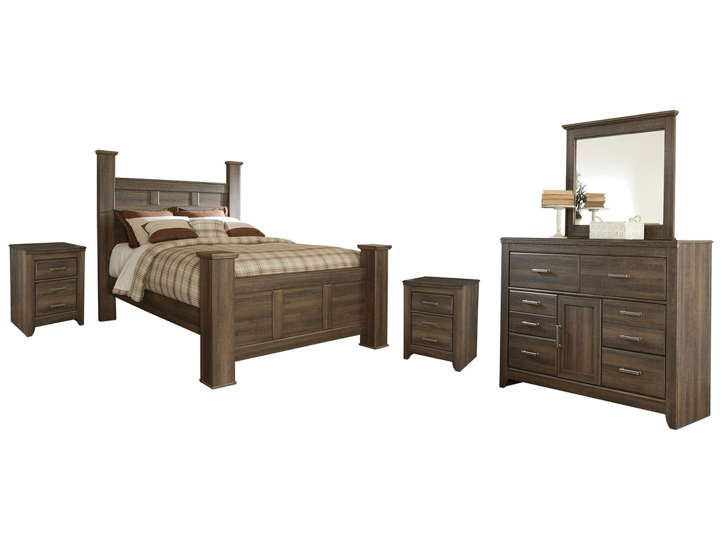 Juararo Dark Brown Queen Poster Bed w/Mirrored Dresser & 2 Nightstands