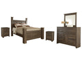 Juararo Dark Brown Queen Poster Bed w/Mirrored Dresser & 2 Nightstands