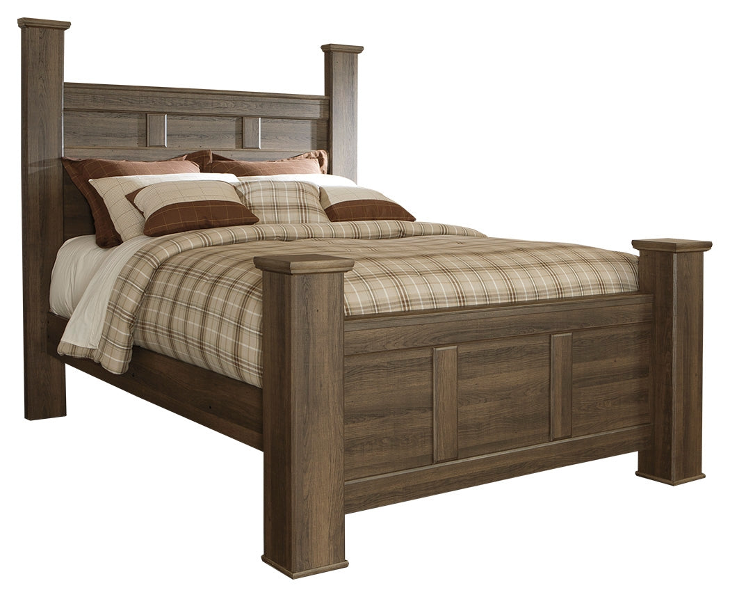 Juararo Dark Brown Queen Poster Bed w/Mirrored Dresser & 2 Nightstands