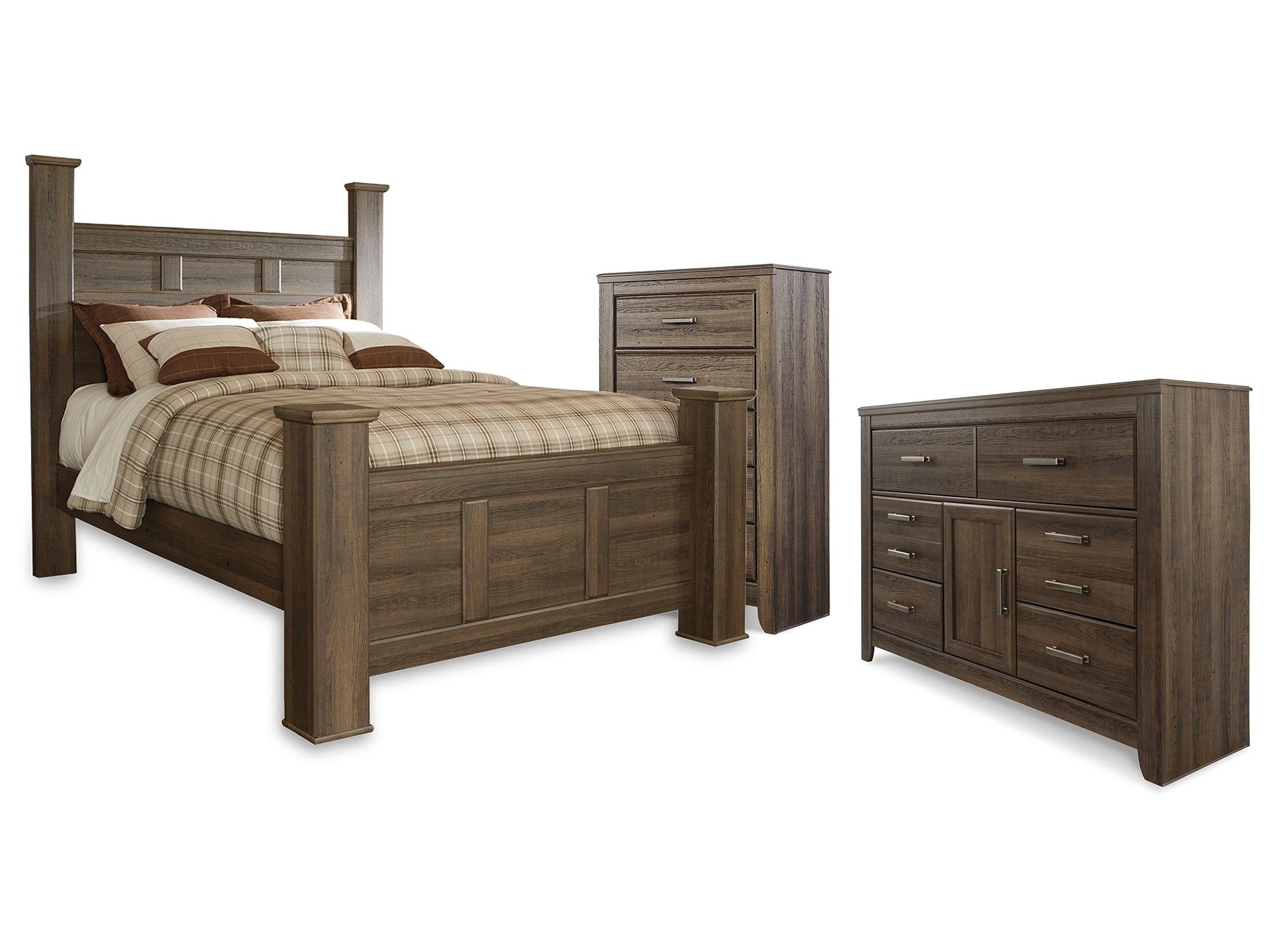Juararo Dark Brown Queen Poster Bedroom Set with Dresser and Chest