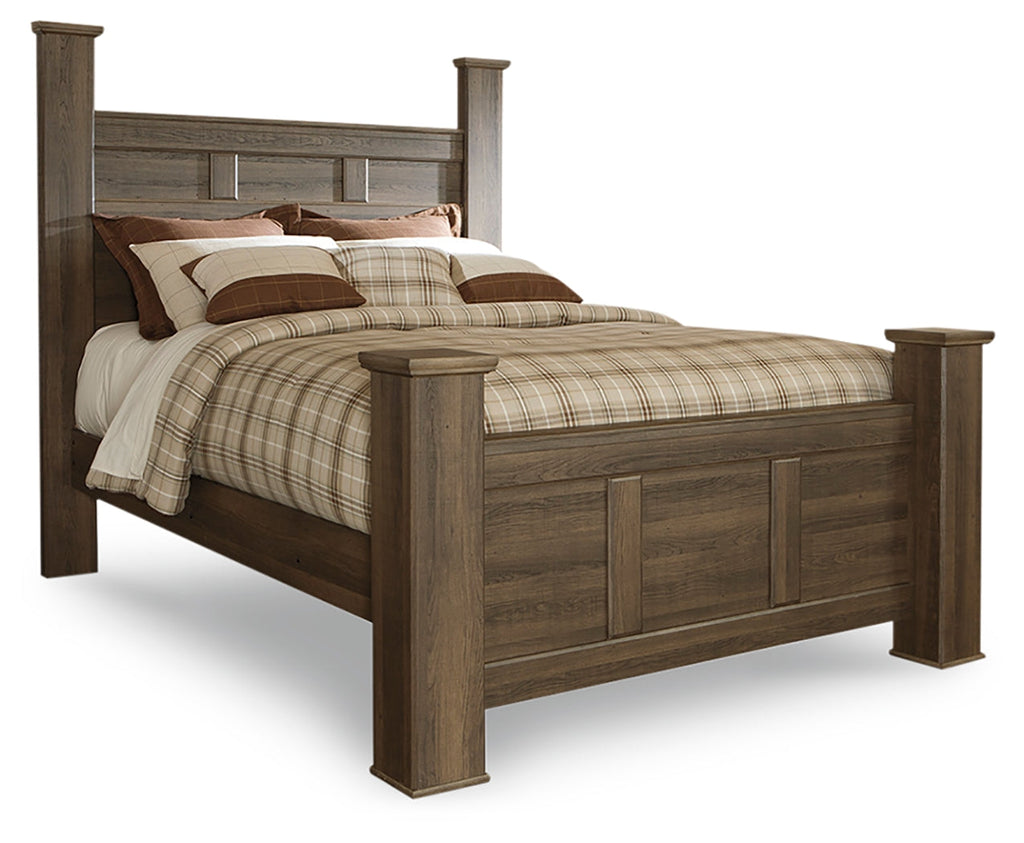 Juararo Dark Brown Queen Poster Bedroom Set with Dresser and Chest