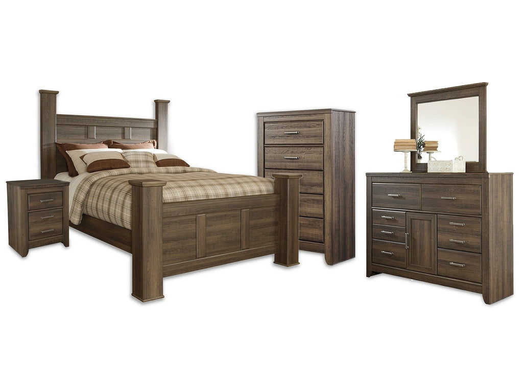 Juararo Queen Poster Bed, Dresser, Mirror, Chest and Nightstand