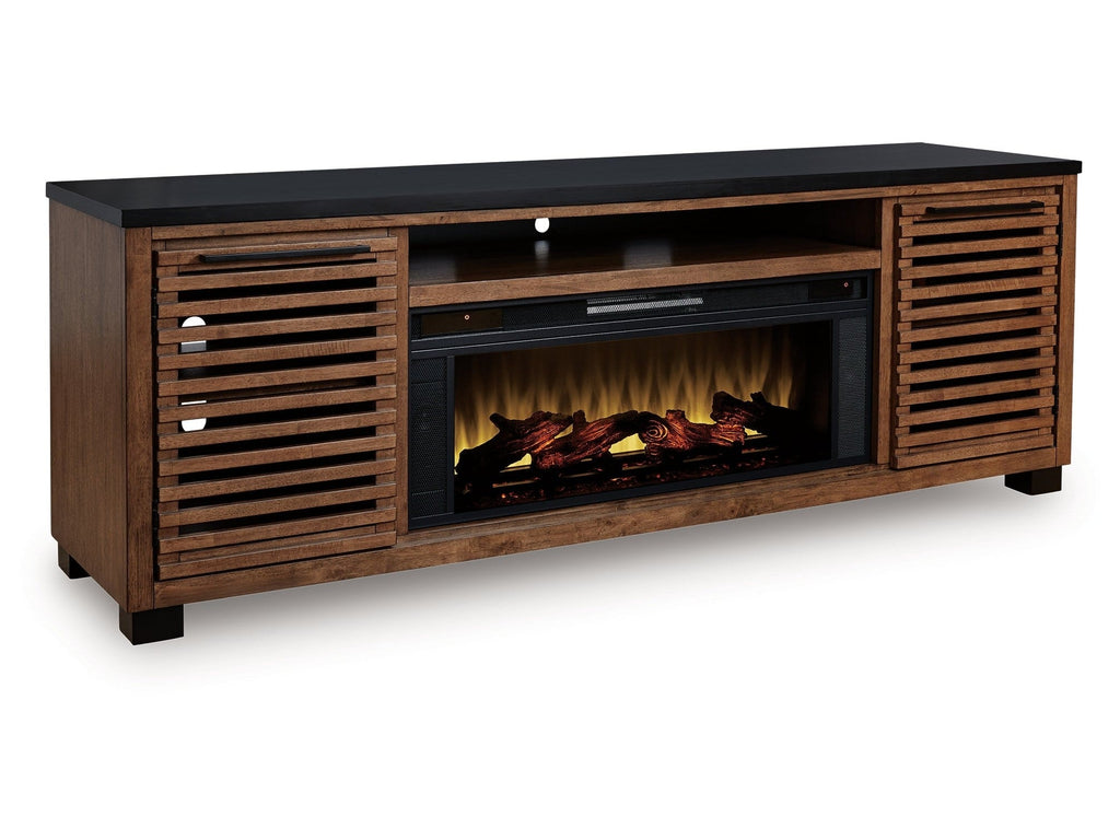 Kallari Warm Brown/Black 84" TV Stand with Electric Fireplace