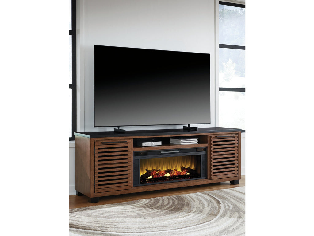 Kallari Warm Brown/Black 84" TV Stand with Electric Fireplace
