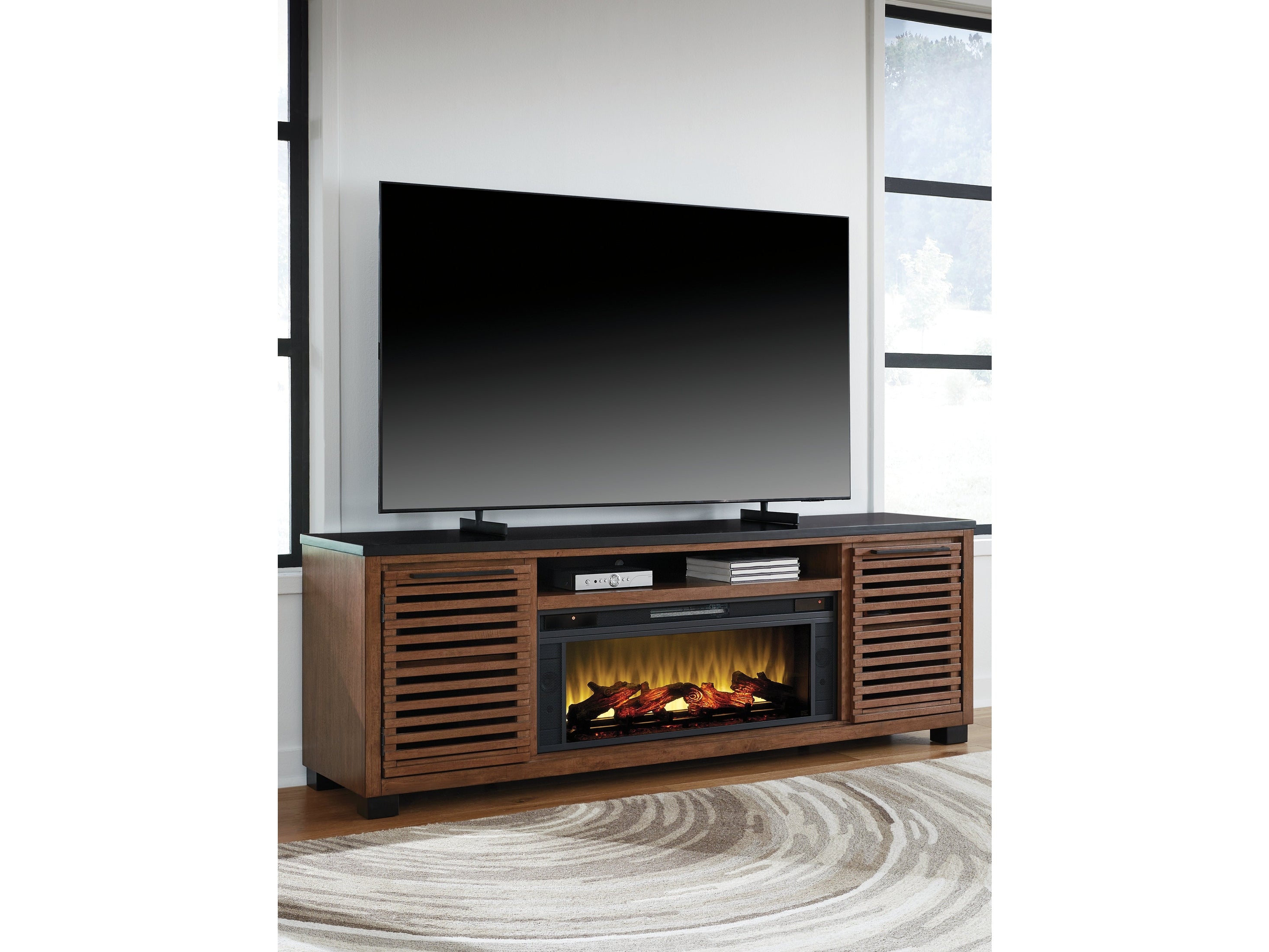 Kallari Warm Brown/Black 84" TV Stand with Electric Fireplace