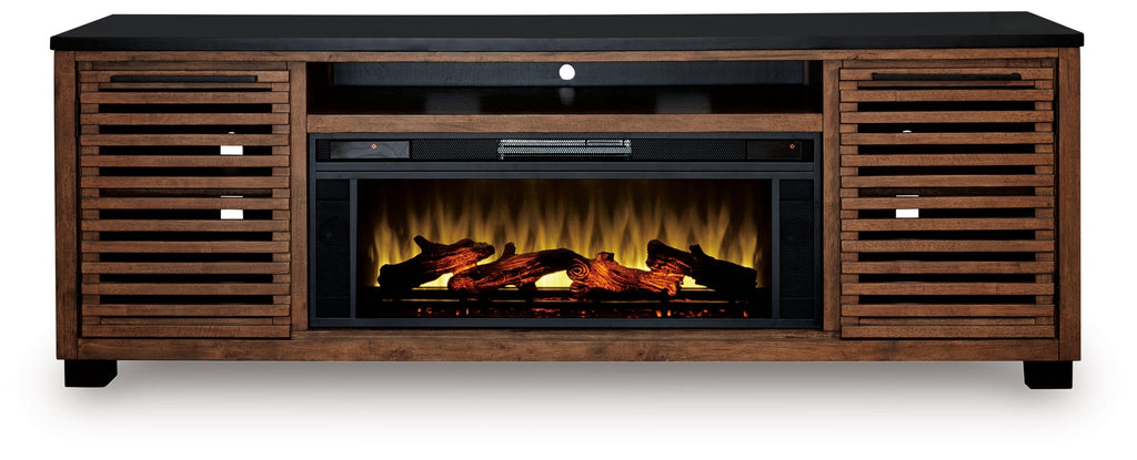 Kallari Warm Brown/Black 84" TV Stand with Electric Fireplace