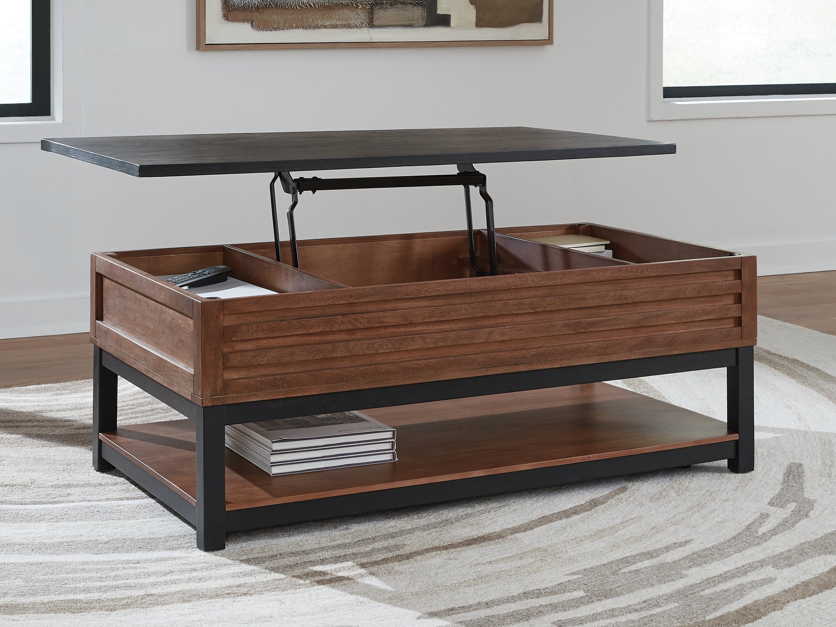 Kallari Warm Brown/Black Lift Top Cocktail Table