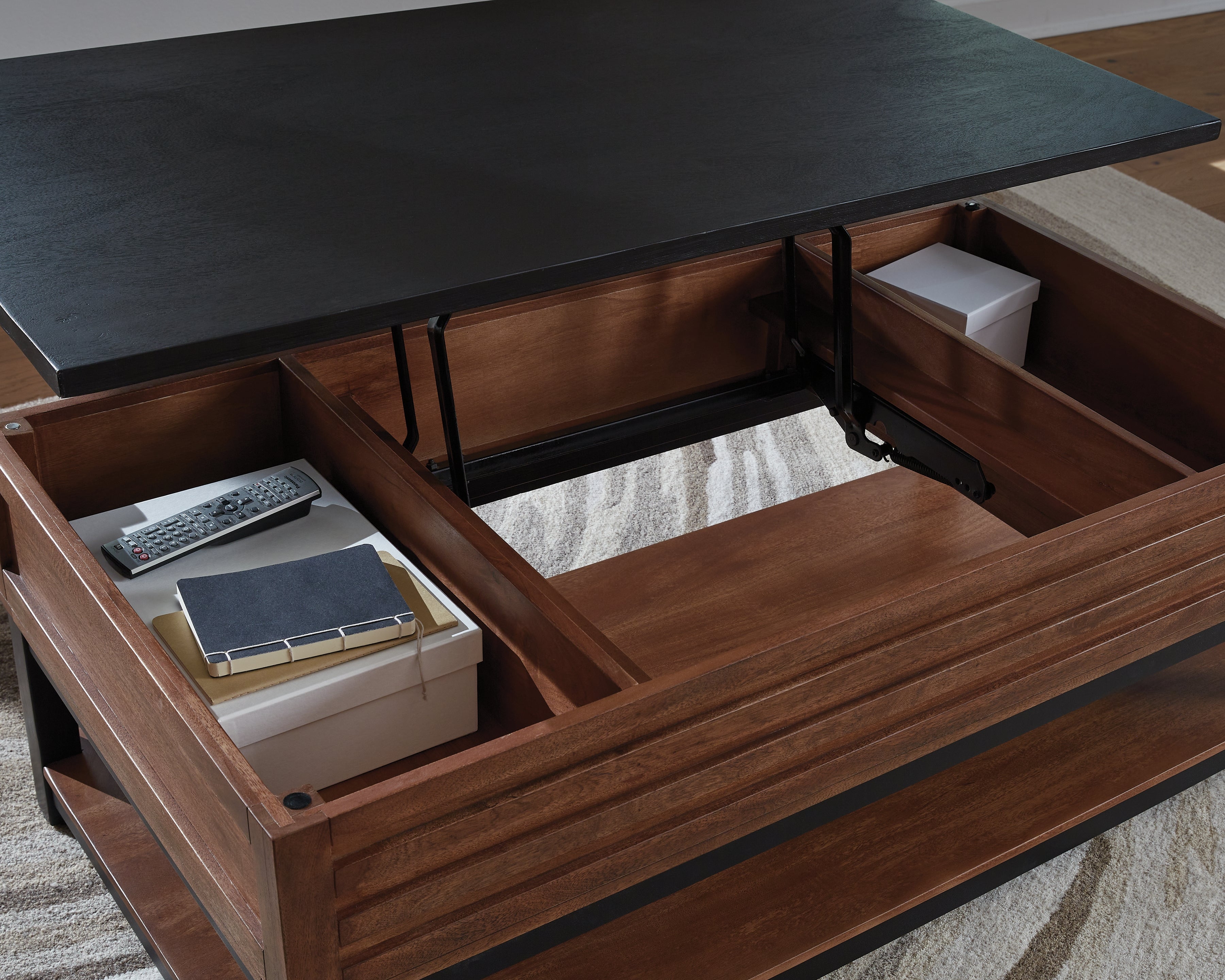 Kallari Warm Brown/Black Lift Top Cocktail Table