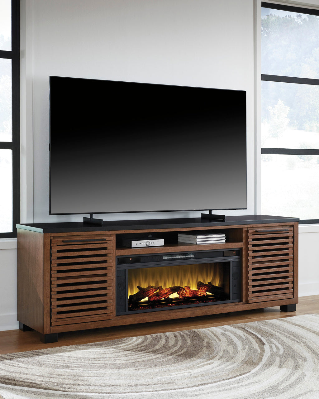 Kallari Warm Brown/Black XL TV Stand w/Fireplace Option