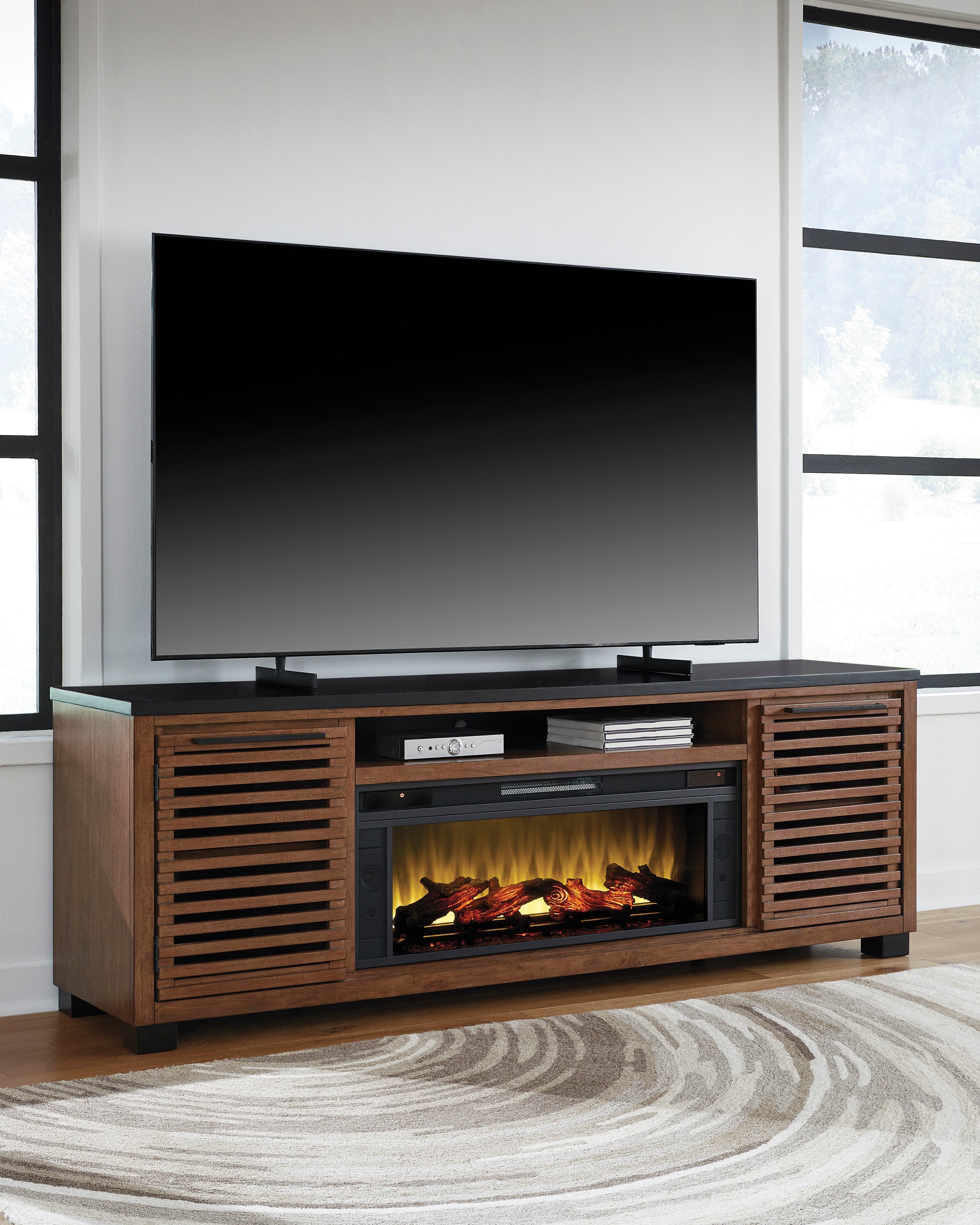 Kallari Warm Brown/Black XL TV Stand w/Fireplace Option