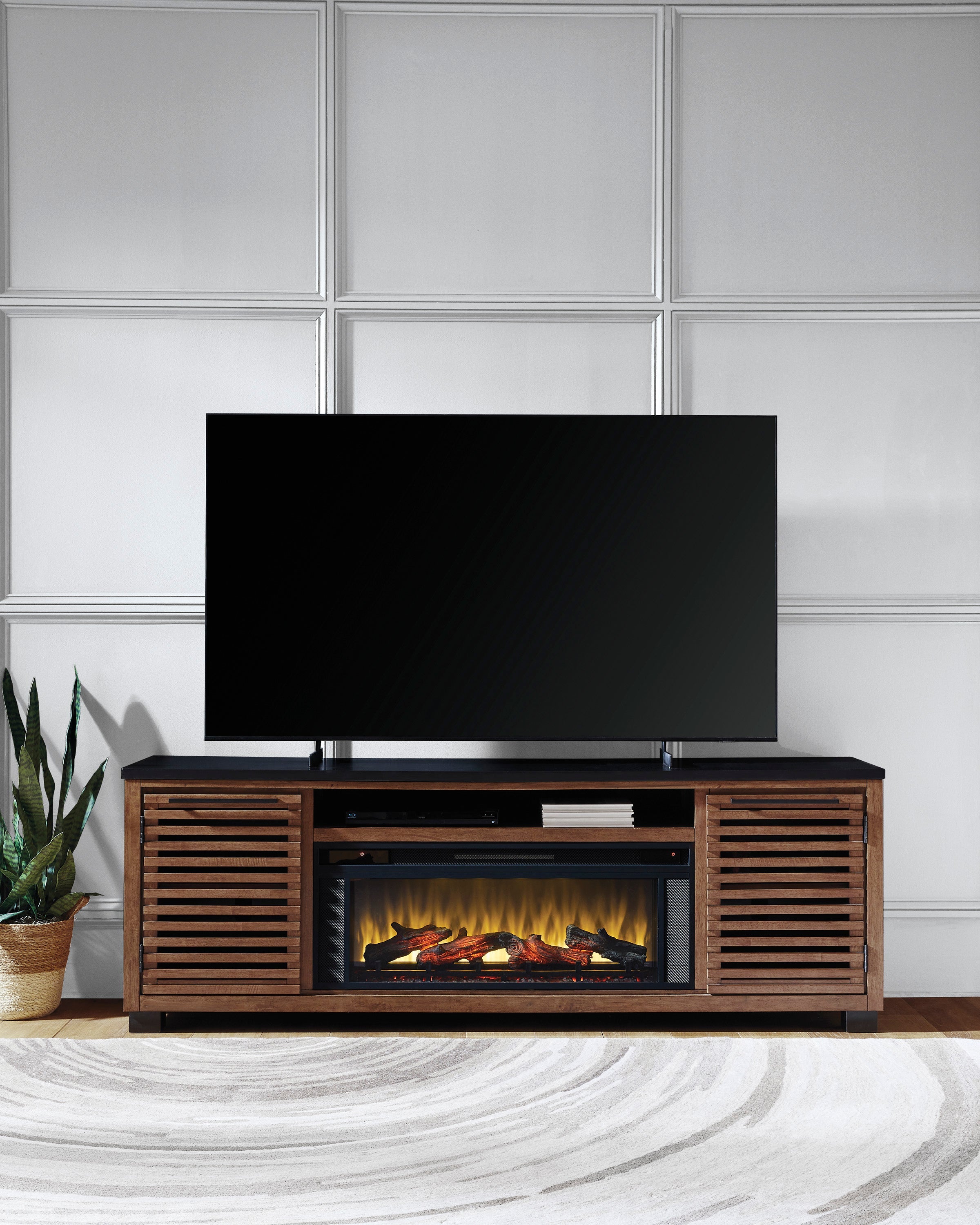 Kallari Warm Brown/Black XL TV Stand w/Fireplace Option