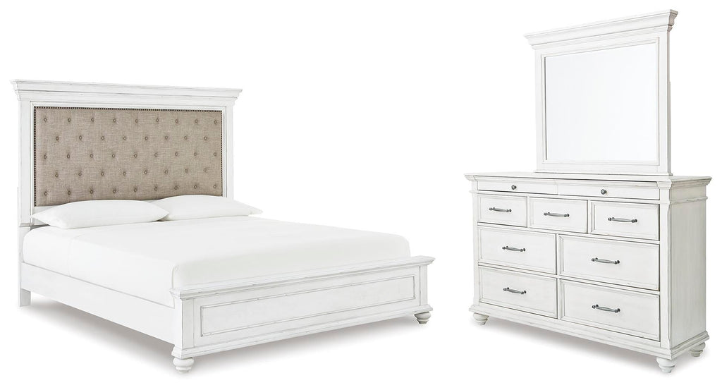 Kanwyn Whitewash King Upholstered Panel Bed, Dresser and Mirror