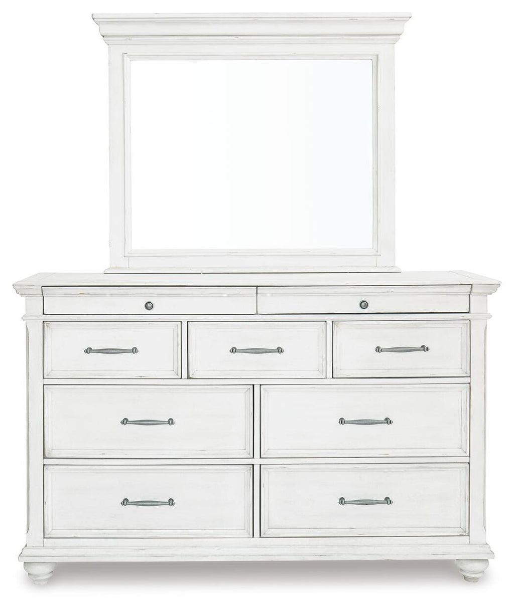 Kanwyn Whitewash King Upholstered Panel Bed, Dresser and Mirror