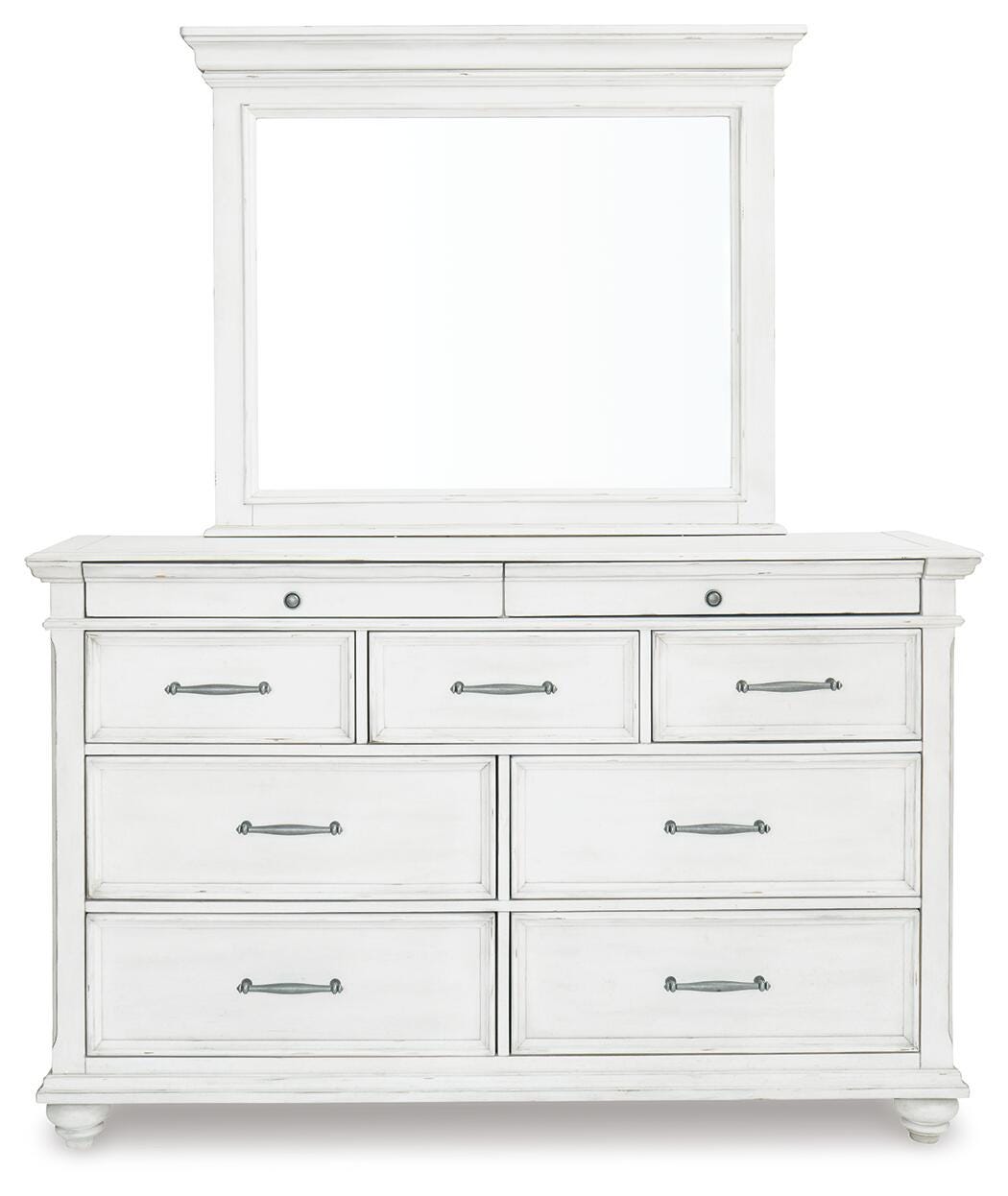 Kanwyn Whitewash King Upholstered Panel Bed, Dresser and Mirror