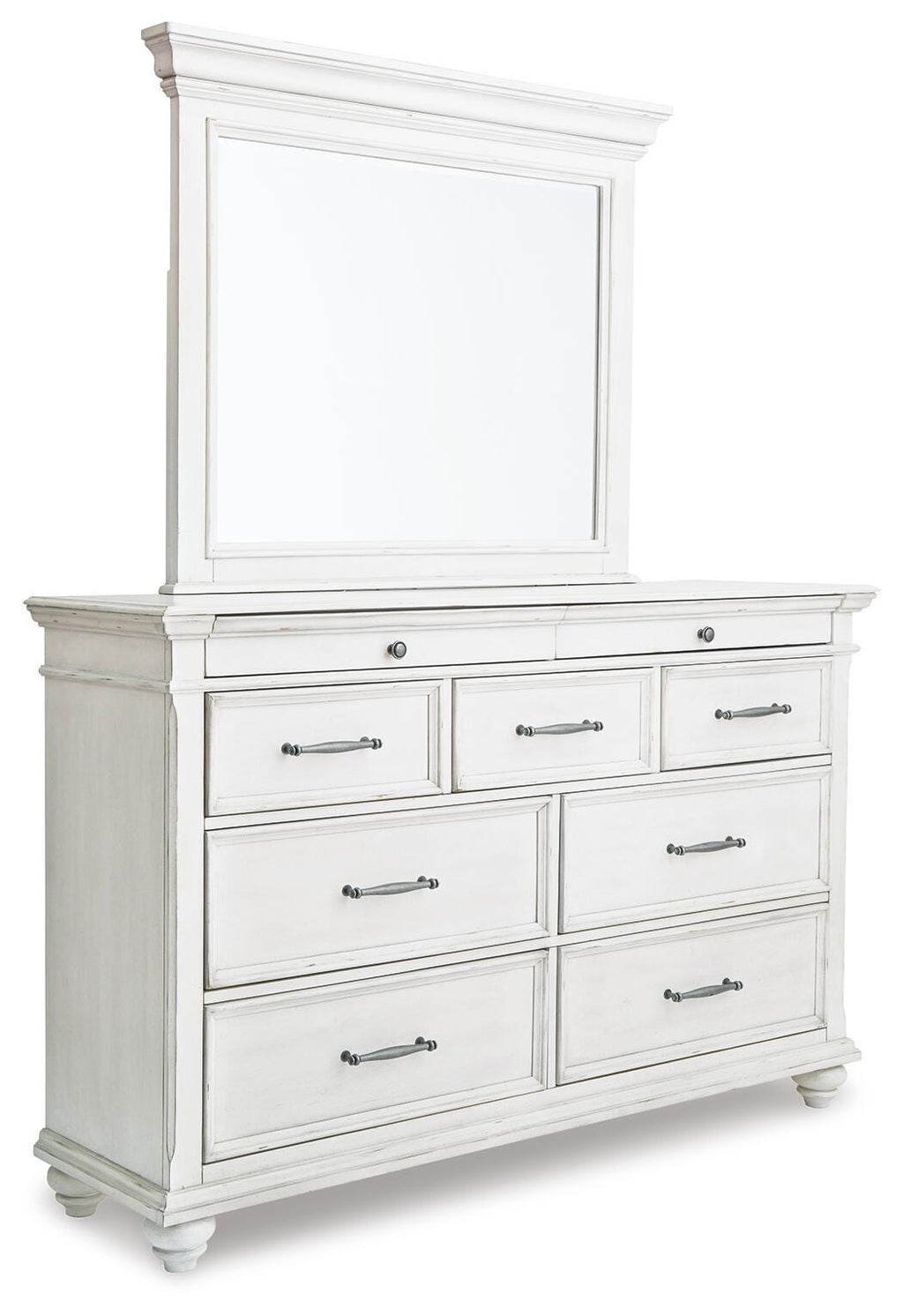 Kanwyn Whitewash King Upholstered Panel Bed, Dresser and Mirror