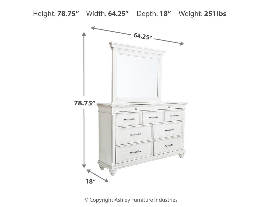 Kanwyn Whitewash King Upholstered Panel Bed, Dresser and Mirror