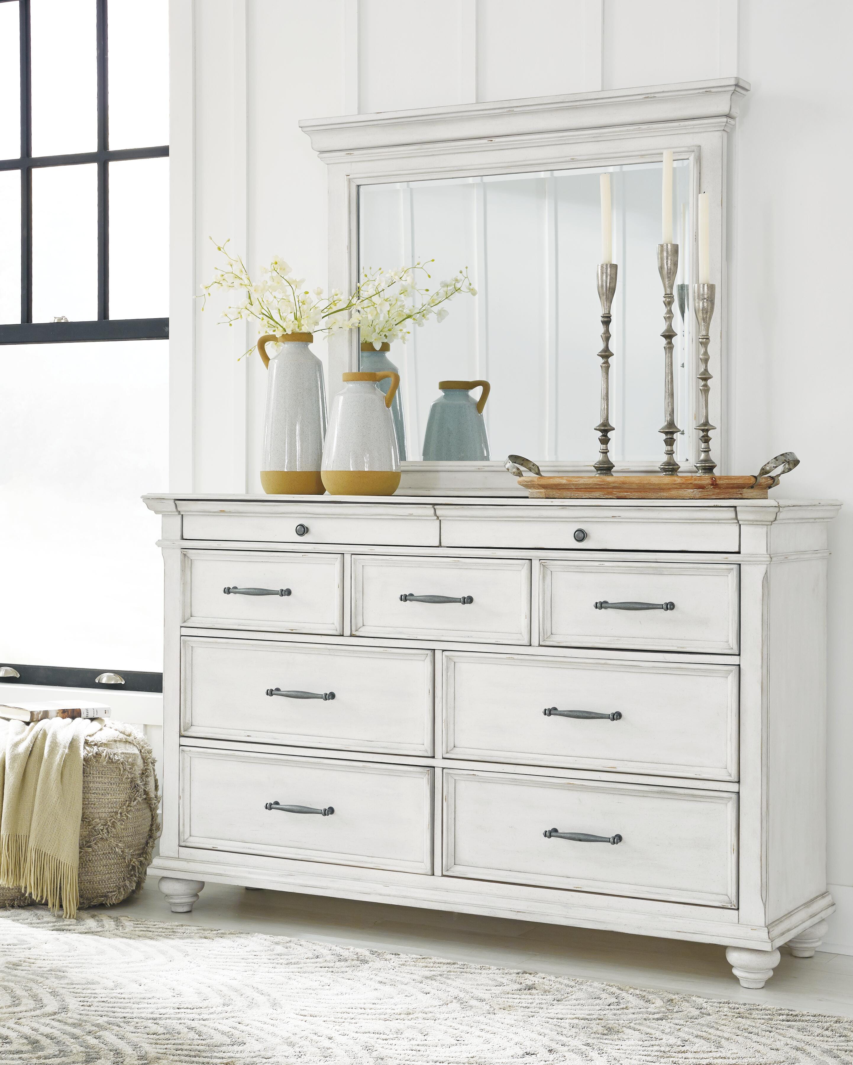 Kanwyn Whitewash King Upholstered Panel Bed, Dresser and Mirror