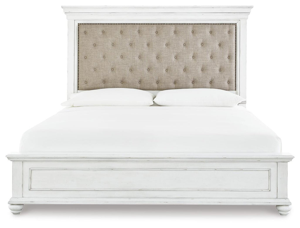 Kanwyn Whitewash King Upholstered Panel Bed, Dresser and Mirror