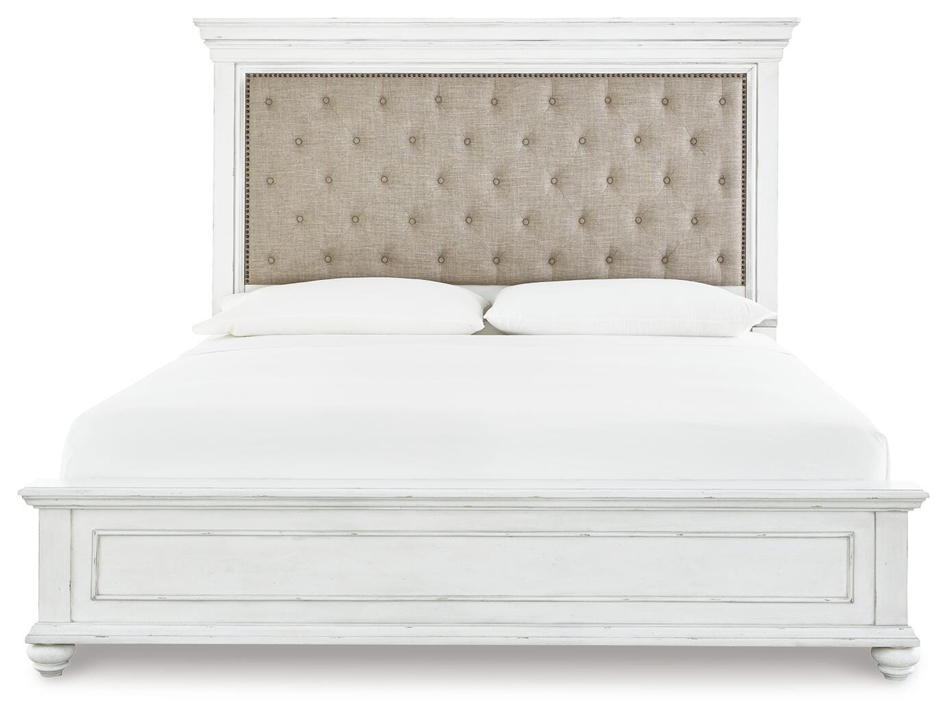 Kanwyn Whitewash King Upholstered Panel Bed, Dresser and Mirror