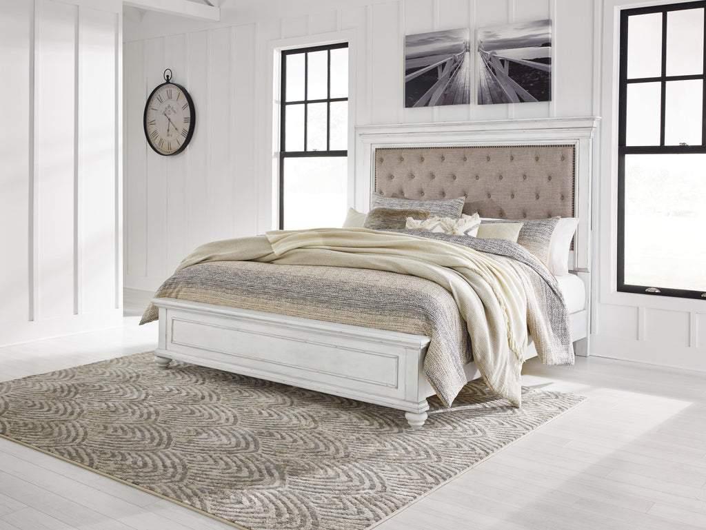 Kanwyn Whitewash King Upholstered Panel Bed, Dresser and Mirror