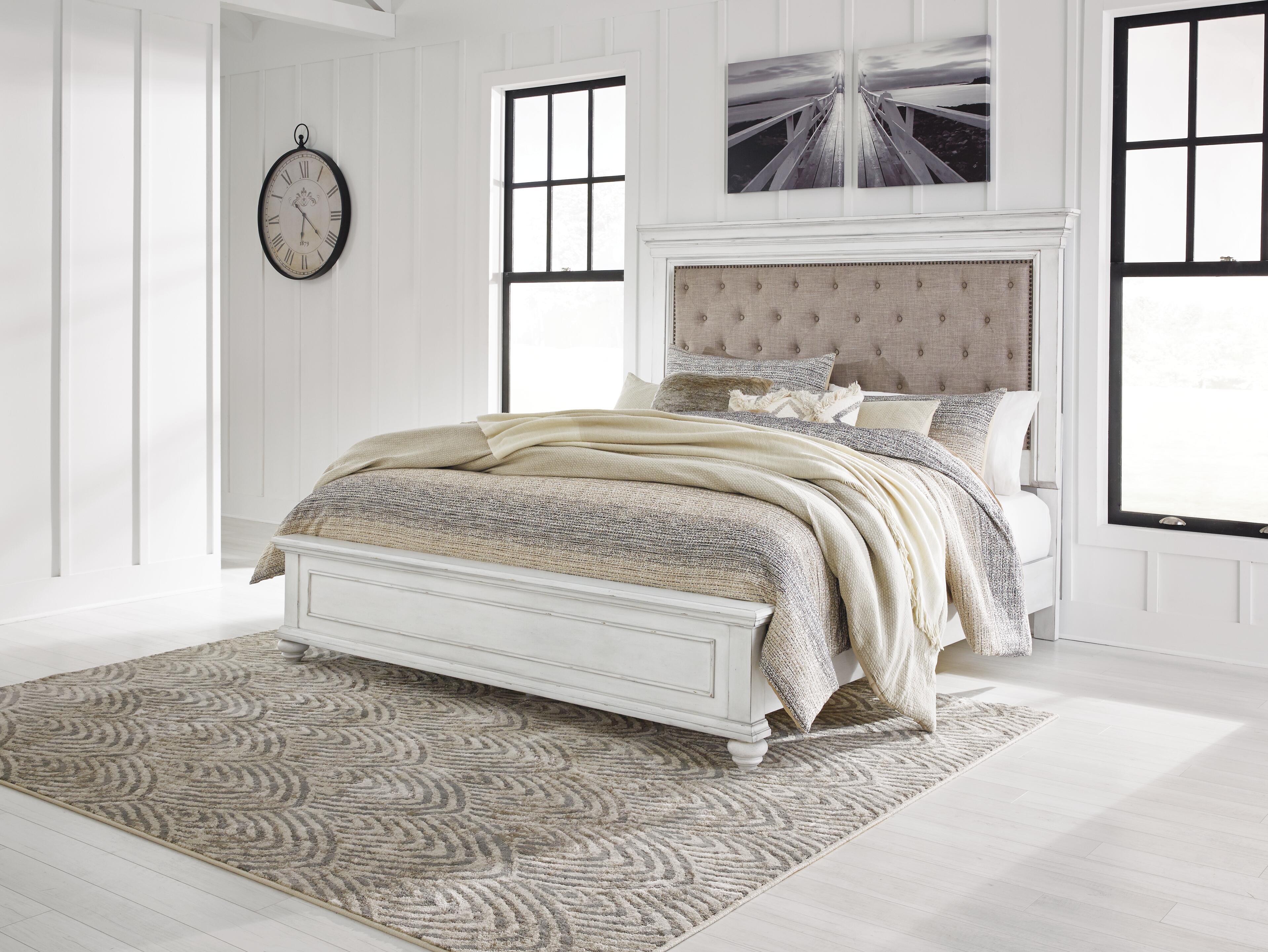 Kanwyn Whitewash King Upholstered Panel Bed, Dresser and Mirror