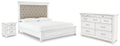 Kanwyn Whitewash King Upholstered Panel Bed, Dresser and Nightstand