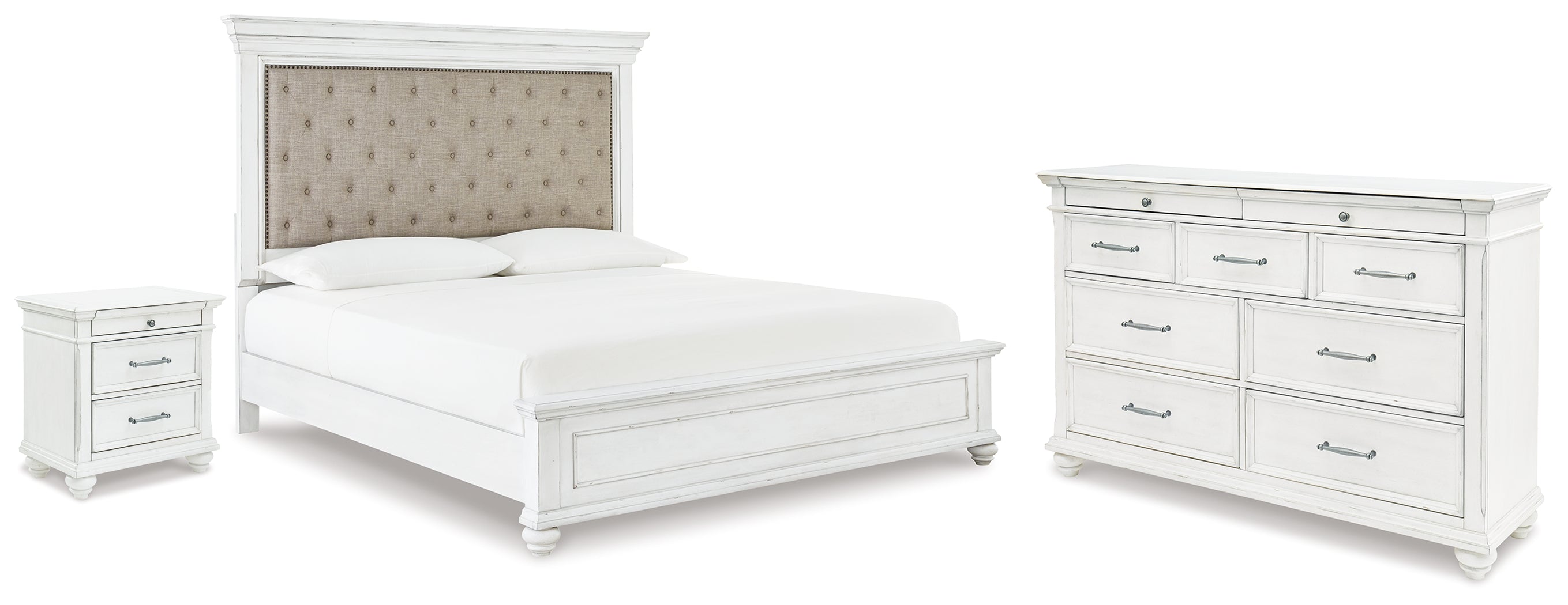 Kanwyn Whitewash King Upholstered Panel Bed, Dresser and Nightstand