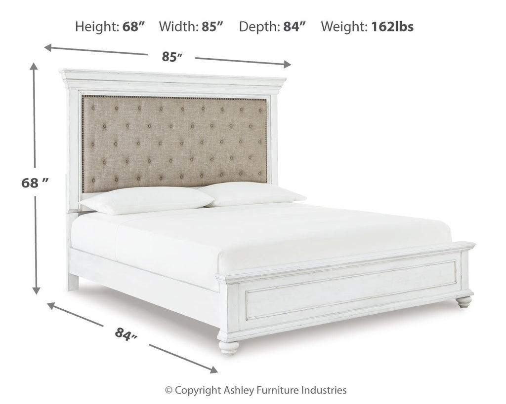 Kanwyn Whitewash King Upholstered Panel Bed, Dresser and Nightstand