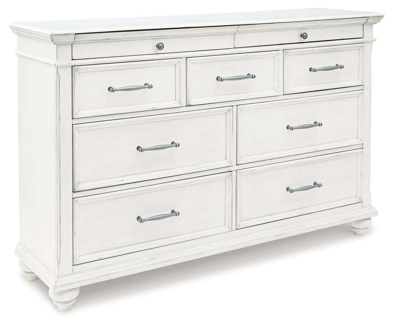 Kanwyn Whitewash King Upholstered Panel Bed, Dresser and Nightstand